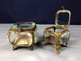 BAT:   French gilt-brass and thick beveled glass jewelry caves.  Circa 1900.   Original and complete. 