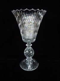 CW:  Exceptional quality Anglo-Irish blown and cut glass vase with thick star-cut foot, spherical controlled air bubble knop,  miter-cut conical bowl with deeply scalloped rim .  Circa 1910.