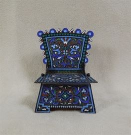 CW:   Fine Russian vermeil silver and polychrome enamel salt throne.  Moscow, 1890 assay mark.   Probably Ivan Saltykov   2.8" high x 2.0 " wide (at seat) x 2.25" deep.  Small enamel loss at rear right foot. 
Otherwise perfect