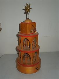 BAT:   Wide selection of 1970s traditional German hand carved and painted wood turntable music boxes with Swiss movements.   Large Christmas Tower.