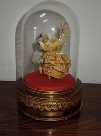 BAT:  Rare Reuge musical automaton - 18th century "dancing" court couple in elaborate costumes under glass dome.  1970s inventory from The Clocksmith of Glen Ellyn operated by Douglas and Barbara Tomsky.