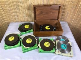 BAT:  Thorens music box in solid walnut case - interchangeable discs in original factory cartons.   1970s inventory from The Clocksmith of Glen Ellyn operated by Douglas and Barbara Tomsky.
