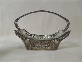 CW:   Art Nouveau silver (.935 purity) miniature basket with blown and cut crystal bowl.  Austria, circa 1890.