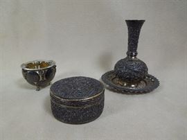 CW:  Assorted silver miniatures - Chinese Export box and vase, German master salt with coins.  Mid to late 19th century.