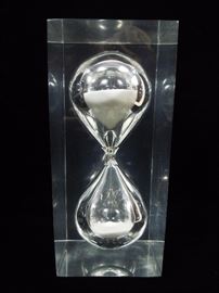 BAT:  Large acrylic cased blown glass sandglass.  1970s inventory from The Clocksmith of Glen Ellyn.  