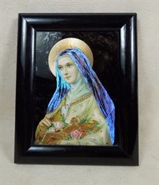 CW:   Miniature reverse-painted portrait of Madonna and Jesus with natural butterfly wing shawl.  Early 20th century.