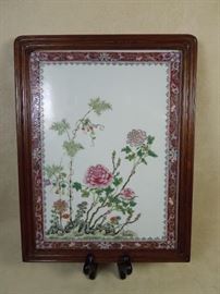 BAT:  Fine Chinese famille rose enameled porcelain table screen in carved hongmu frame.  Late Qing.