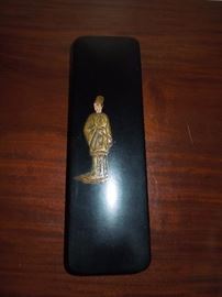 BAT:   Chinese lacquer glove box with finely detailed gilt and silver figure of a scholar.  Late 19th century.