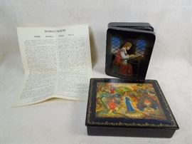 BAT:   Wide selection of Russian lacquer boxes.  1970s and earlier from Barbara Tomsky's personal collection.