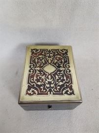 BAT:   Late 19th century Boulle and ebonized wood small box with brass button release.