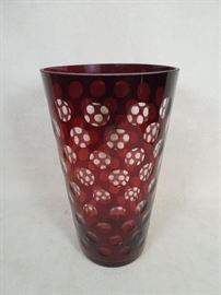 Fine ruby cased and cut-to-clear vase of thick tapered cylindrical form.  Bohemia.