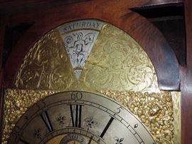 Day-of-the-week aperture with God/Goddess.   Exceptionally fine engraved dial decor and cast gilt-brass spandrels.  