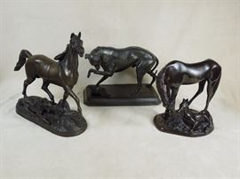 BAT:   Bronze lost wax cast figures of horse & colt and horse with dog.   Bronze patinated spelter whippet.