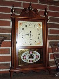 BAT:  Chelsea Clock Co. (Boston) mahogany pillar and scroll clock with stunning reverse-painted and gilded tablet. hand decorated dial.  Eight-day striking movement.  As-new inventory from The Clocksmith of Glen Ellyn, circa 1978.