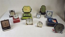 Selection of quality alarm and travel clocks including 8-day 15-jewel Looping and 2-day LeCoultre (Switzerland)  