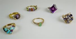 BAT:  Attractive selection of 10K, 14K & 18K gold rings with gemstones including paraiba tourmaline, fire opal, amethyst and small diamonds.  From Barbara Tomsky's vast personal collection