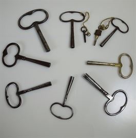 BAT:  Small sampling of Barbara Tomsky's huge collection of antique & vintage clock keys.  French steel "bow" keys for 19th century mantle and wall clocks. 