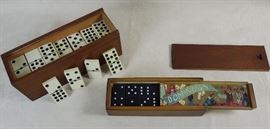 Large mahogany cased set with natural ivory tiles.  Labeled set with painted wood tiles.