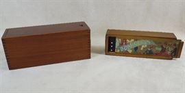 English dominoes sets - plain polished mahogany case and softwood case with charming advertising.  Ca. second quarter 20th century.