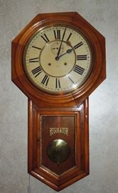 BAT:  Ansonia walnut long drop octagon "regulator."  Tandem wind 15-day movement.  Circa 1890.  Running order.