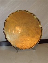 Late Qing large brass tray with hand engraved scene and heavy applied border.  Fine quality.  Circa 1910.  14.5" diameter.
