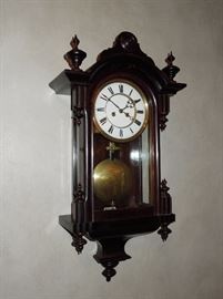 BAT:  Rare circa 1870 miniature Vienna with drawn grain case.  Spring-driven gong-striking movement running three days.   Fine fired enamel dial and delicate cut steel hands.  Very well preserved & original.   From Barbara Tomsky's personal collection.  24" high x 12 1/2" wide x 5 1/2" deep  