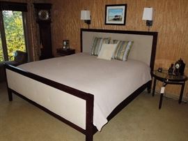 Elegant Room & Board king size bed - espresso finished hardwood frame with button-tufted cream boucle  padded headboard and footboard.