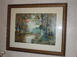 Attractive watercolor on paper by Carl Hibbeler (Chicago illustrator active late 19th  to mid 20th century) - Midwest fall landscape with tree lined river.  Signed lower right and dated '27.   16" x 22" art  25.5" x 31.5" period frame 