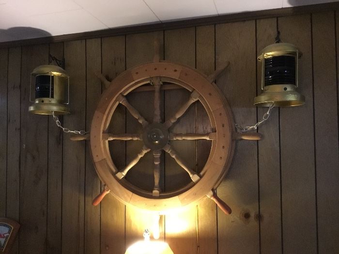 Wood ship wheel & lanterns 
