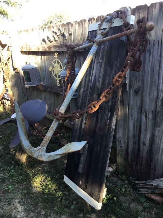 One of two large anchors with chains