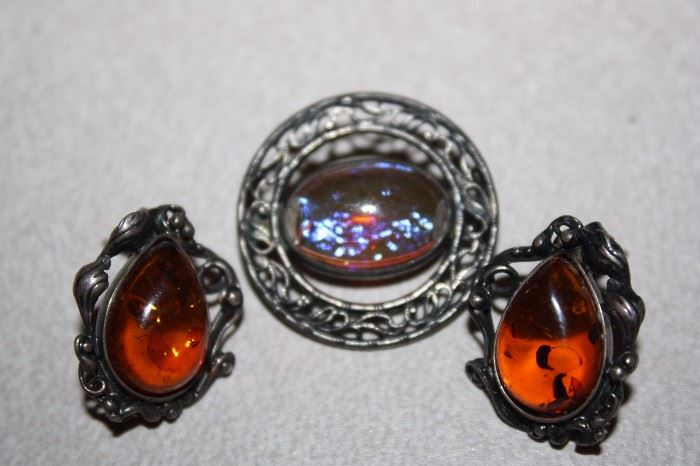 Very Old Sterling Silver Amber Earrings and Brooch