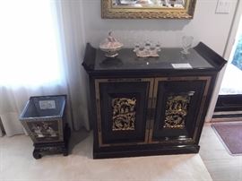 Asian serving piece with custom brass carving on each door