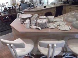 Complete service for 10 china ware. 6 White counter height stools