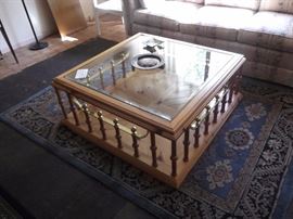 Solid Pine square coffee table, with solid brass accents in near perfect condition.