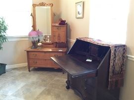 Drop front desk, boudoir lamp, gentleman's dresser