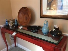 Glass lighted lamps, Czechoslovakian vase, Arthur Jones wood bowl, black glass depression bowl, tall Roseville vase, pottery vase