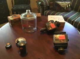Car antiques, glass decanter, tobacco/ cigar boxes
