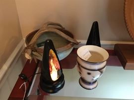 czechosolvakian vase, paperweight glass lamps, pottery bowl with antler handle