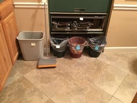 Sweeper, waste baskets, inset file cabinet & hanging folders