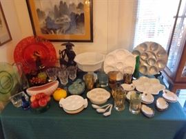 Oyster plates, escargot plates, colorful glass charges 