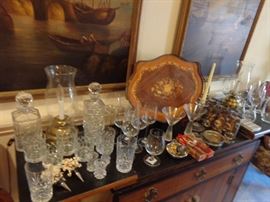 A beautiful Italian serving tray, Great assortment of drinks glasses, decanters, and wine glasses