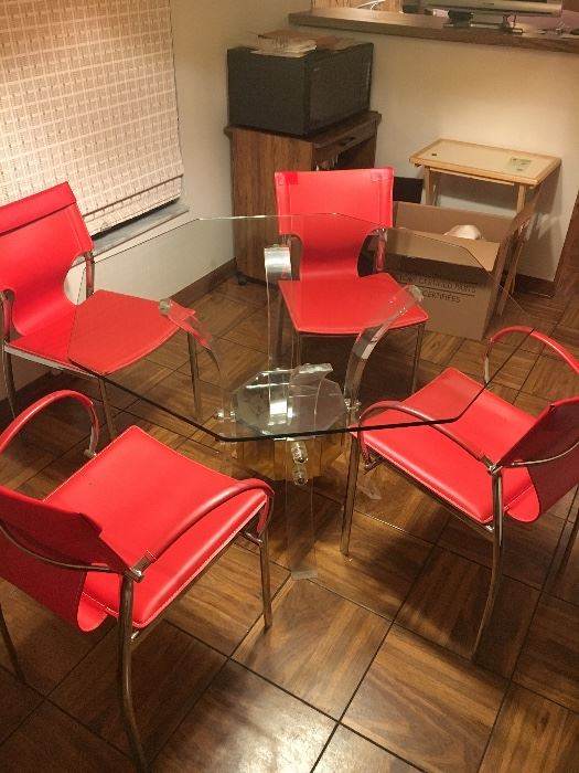 Vintage Red Chairs and Glass Table