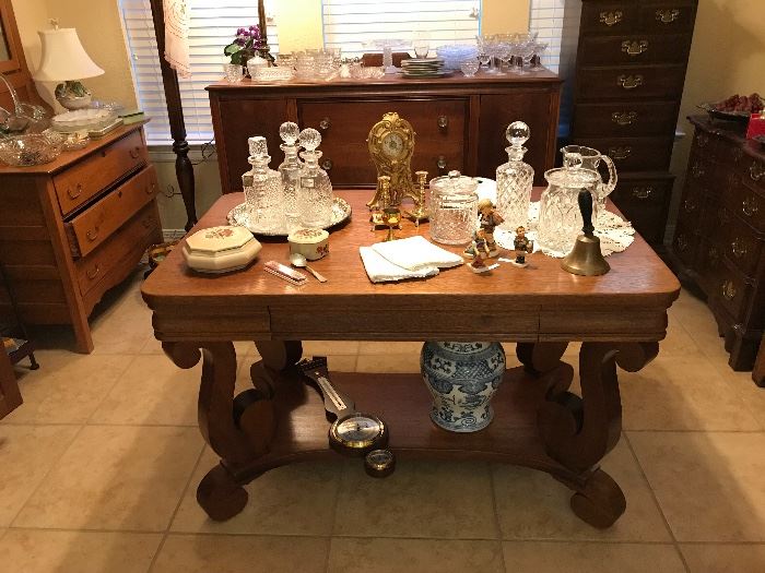 Waterford decanters on beautiful oak table