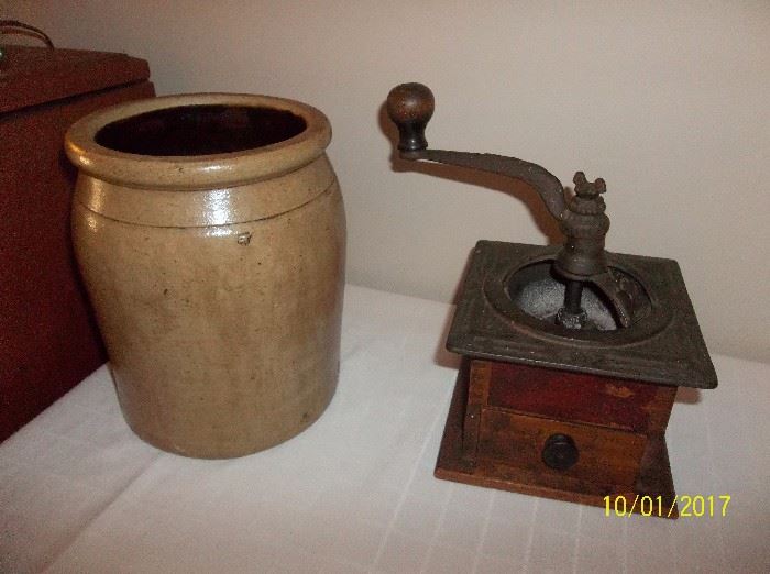 pottery crock, coffee grinder