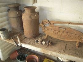 milk cans, shingle cutter, flower pots