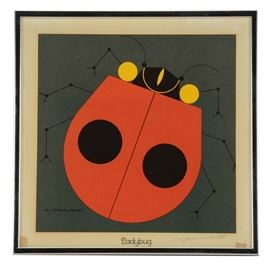 Charley Harper Signed Lithograph "Ladybug": A 1972 open edition lithgraph titled Ladybug by well-listed Geometric Minimalist wildlife artist Charley Harper (Cincinnati, 1922 – 2007). This piece depicts a solitary lady bug diagonally situated on a simple gray background, rendered in Harper’s typical graphic style. It is signed in the plate to the lower left and in graphite to the lower right margin. Presented under glass in a silver tone metal frame. No hanging hardware is present.