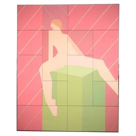D. LaTorre Abstract Oil on Canvas Painting "Leda": A 1974 oil on canvas painting titled Leda by artist D. LaTorre. This hard-edge abstract geometric painting depicts a female nude straddling a green cube. It is overlayed with a grid of black lines as well as diagonal lines in cream and green. . It is signed, titled and dated to the verso. This stretched canvas is presented unframed.