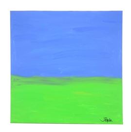 J. Popolin Acrylic Painting on Canvas "Blue, Green Fields": An acrylic painting on canvas titled Blue, Green Fields by contemporary American Abstract Expressionist artist J. Popolin (Cincinnati; 21st century). This piece features a large green color field to the lower portion of the composition and a blue color field to the top portion. It is signed in black to the lower right. This stretched canvas is presented unframed with a hanging wire to the verso.