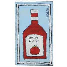 Sweet Tea Signed Original Mixed Media Painting of a Ketchup Bottle: A signed original acrylic painting on board of an owl by the Kentucky folk artist known as Sweet Tea. This piece depicts a ketch bottle against a light blue background bordered in black and white. Applied texture is visible beneath the paint. The piece is signed on the upper right. The edges of this cradled board are painted, making framing optional. The verso of this piece is equipped to hang.