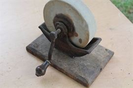 Grinding Wheel - KEEN KUTTER w/ hand crank and wooden handle on wood base!.